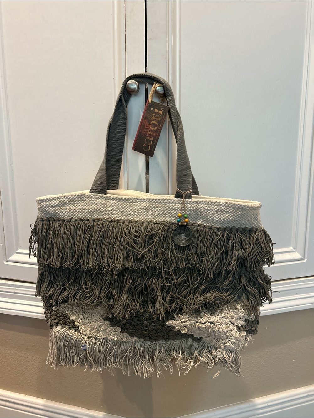 NWT Fringed Boho Tote Bag in Gray & Cream Boho Oversized Indie Coastal Chic